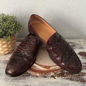 Johnston & Murphy Cellini Men’s 13M Woven Brown Leather Penny Loafers Italy EUC